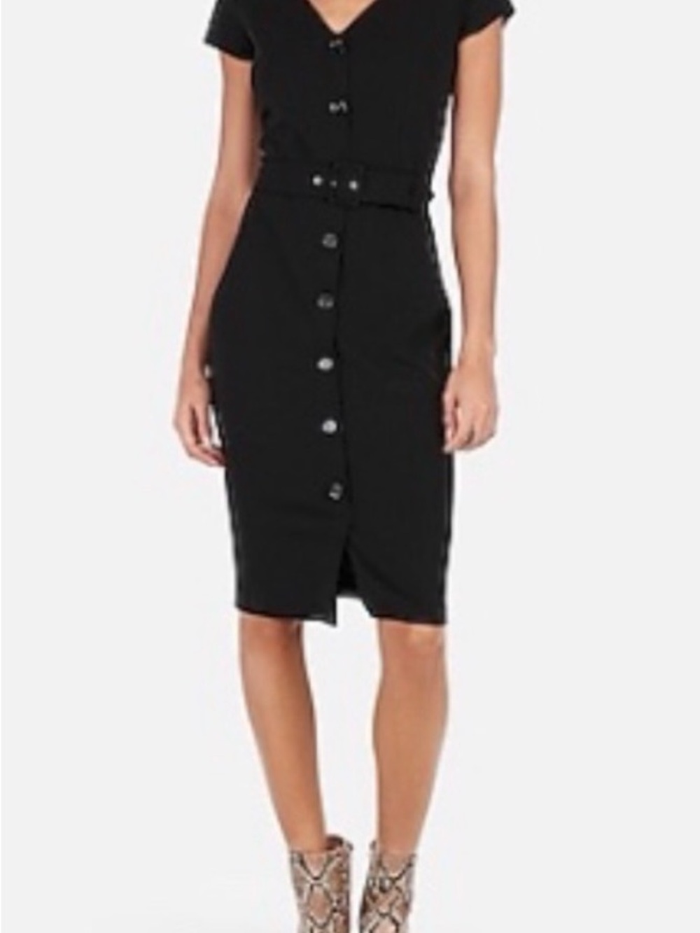 Classic Black Button-Front Belted Dress